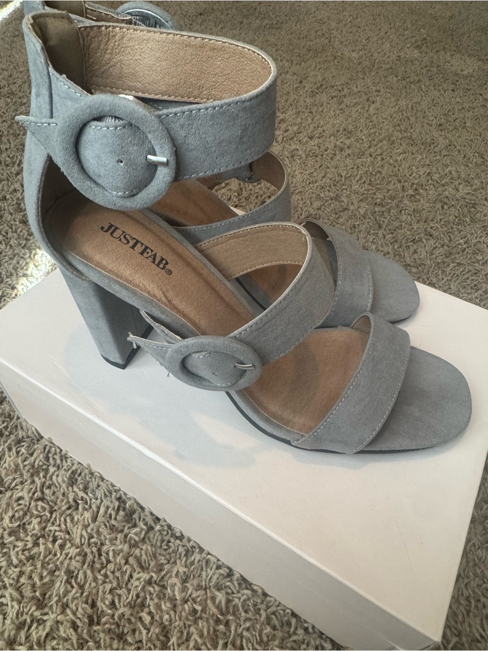 JustFab Light Gray Suede Strappy Block Heel Sandals